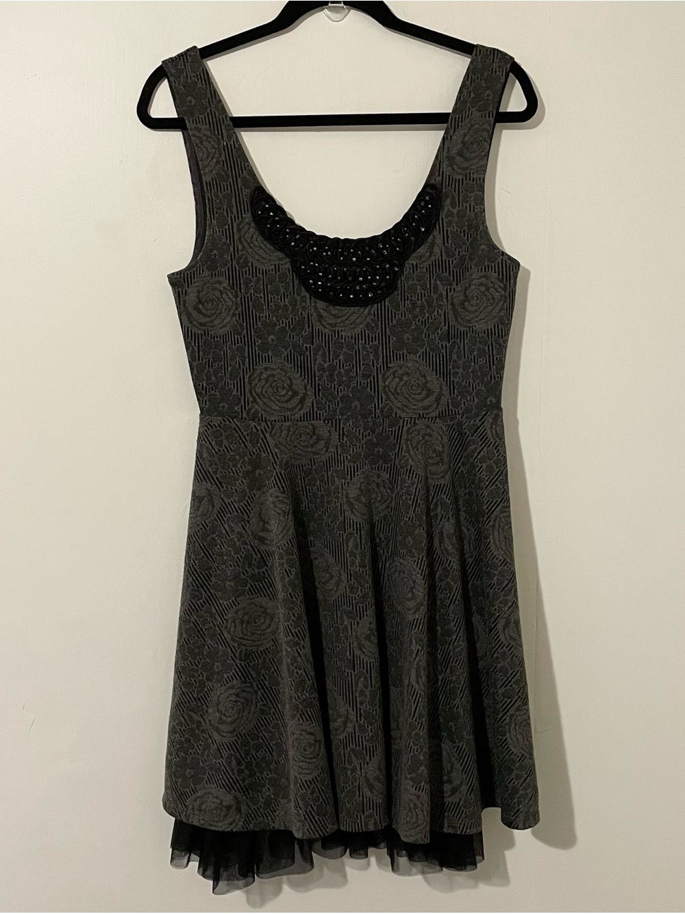 Free People Rock Princess Grey Tulle Beaded Sleeveless Mini Skater Dress Medium
